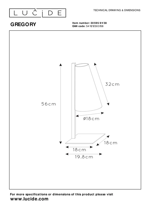 Lucide GREGORY - Table lamp - 1xE27 - Cream - technical